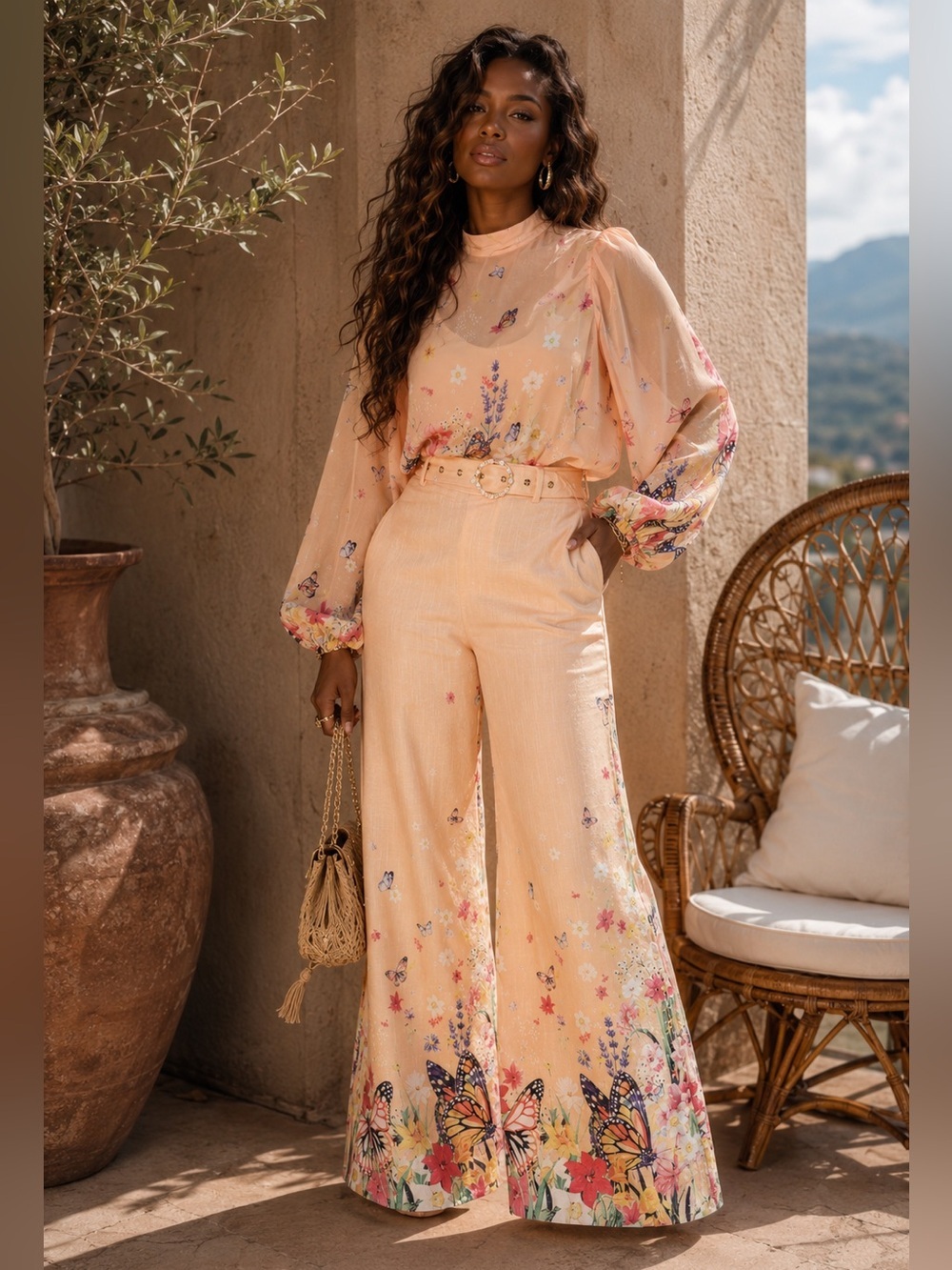 Peach Floral Print Wide-Leg Pant Set